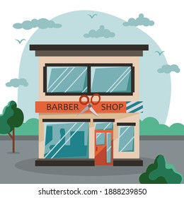 Urban landscape with Barber shop. Facade store building in flat style. Urban small shop isolated on white background. Vector illustration