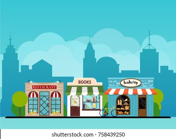 Tienda de libros de paisajes urbanos, panadería, restaurante.  Diseño plano concepto moderno de ilustración vectorial. 