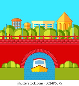 Urban Landscape With A Brick Bridge , River And Canal Boat. Flat Vector Illustration.