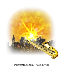 Urban landscape with a bright flash and a saxophone over the houses with glare. Image made with bleached borders and edges can be used with any text or image on a white background.