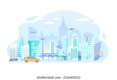 Urban landscape with building architecture, communication, infrastructure, transportation, services, eco energy. Smart City Skyline. Vector illustration flat style.	
