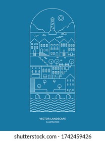 Urban landscape with building, house, store, and tree. Cityscape vector. Thin line style illustration