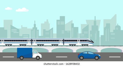 Urban landscape with buildings, passenger hight speed train on bridge and car on the road  in city.  Vector illustration.