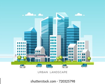 Urban landscape with buildings, skyscrapers and city transport. Real estate and construction industry concept. Vector illustration.