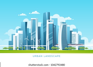 Urban landscape with buildings, skyscrapers and subway. Real estate and construction industry concept. Vector illustration.