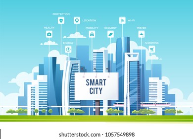 Urban landscape with buildings, skyscrapers and subway. Concept of smart city with different icons. Vector illustration.