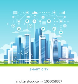 Urban Landscape With Buildings, Skyscrapers And Transport Traffic. Concept Of Smart City With Different Icons. Vector Illustration.