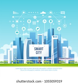 Urban landscape with buildings, skyscrapers and transport traffic. Concept of smart city with different icons. Vector illustration.