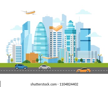 Urban landscape with buildings, skyscrapers and transport traffic. Vector illustration