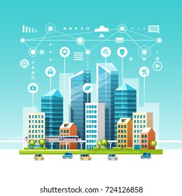 Urban Landscape With Buildings, Skyscrapers And Transport Traffic. Concept Of Smart City With Different Icons. Vector Illustration.