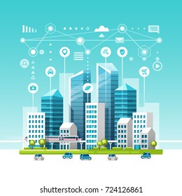 Urban landscape with buildings, skyscrapers and transport traffic. Concept of smart city with different icons. Vector illustration.