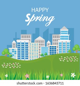 Urban landscape with buildings, skyscrapers.Spring background garden tree and flower with grass. background bright sky clound on spring day. Vector illustration.