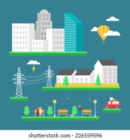 Urban landscape: business center, skyscrapers, houses, park. Vector illustration, flat style