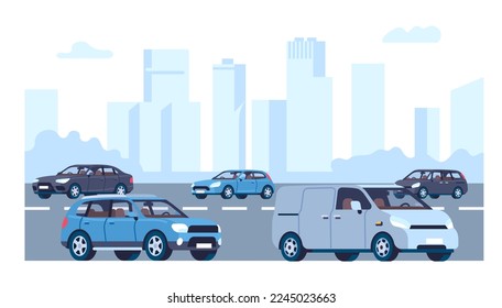 Urban landscape with cars. Automobiles drive on highway. City vehicle transportation. Downtown scenery with skyscrapers and transport. Minivans and sedans. Roadway