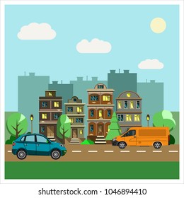 Urban landscape. Cars go on the road. Flat design. Vector illustration.