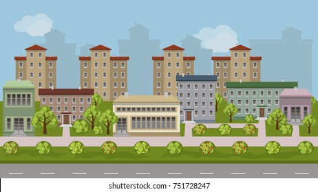 Urban landscape cartoon background. Vector city scene with modern houses and shop buildings along a street, green trees and bushes, walks and road.  Flat design style cityscape, vector illustration