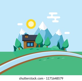 Urban landscape, city life eco friendly, country house. Clean ecology, environment, eco friendly energy, products. Use of natural products, careful attitude to nature. Vector illustration.