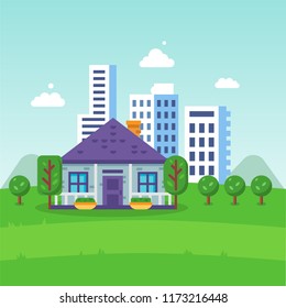 Urban landscape, city life eco friendly, house building, skyscrapers. Clean ecology, environment, eco friendly energy, products. Use natural products, careful attitude to nature. Vector illustration