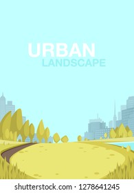 Urban Landscape City Park Center Big Metropolis. Place to Relax Family Weekend, Holiday. Morning Fitness Workout Outdoor. Small Green Corner Large Modern City. Building Silhouette