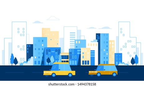 Urban landscape. City skyline. Cityscape background with road and cars vector illustration 