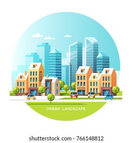 Urban landscape. City with skyscrapers and traditional buildings and houses, trees, cars. Vector illustration.