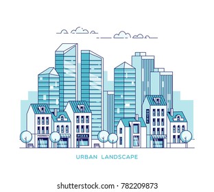 Urban landscape. City with skyscrapers and traditional buildings and houses. Linear vector illustration.