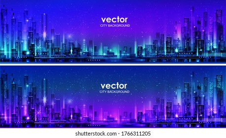 Urban Landscape City. Vector city illustration with neon glow and vivid colors.