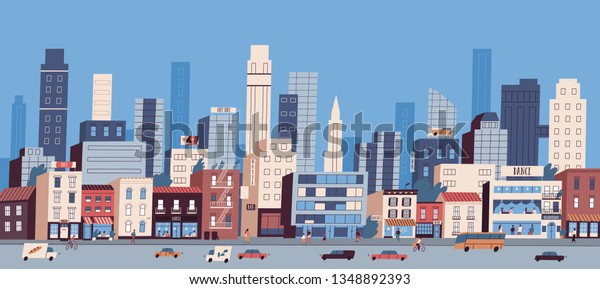 Urban landscape or cityscape with buildings,\
skyscrapers and transport riding along road. Big city life. Street\
view of modern residential area. Colorful vector illustration in\
flat cartoon style.