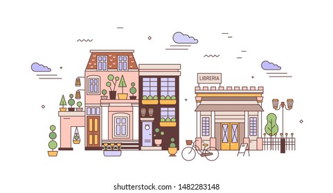 Urban landscape or cityscape with facades of elegant residential buildings of European architecture. View of city district with living houses and library. Vector illustration in line art style.