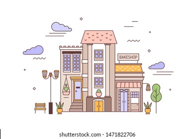 Urban landscape or cityscape with facades of living building and bakery. Street view of city district with elegant house and bakeshop or bakehouse. Colorful vector illustration in linear style.