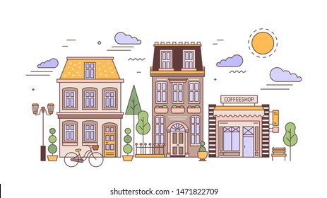 Urban landscape or cityscape with facades of stylish residential buildings. Street view of city district with elegant living houses and coffee shop. Colorful vector illustration in line art style.