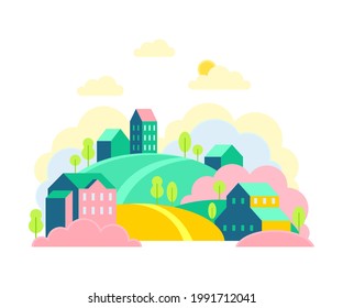 Urban Landscape or Cityscape with Houses, Hills and Trees Vector Illustration