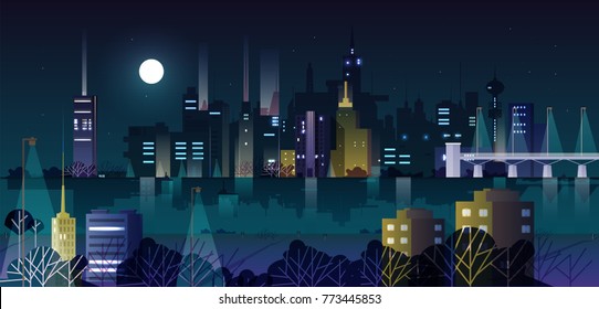 Urban landscape or cityscape with modern buildings and skyscrapers illuminated by street lights at night. City skyline against dark sky with Moon and stars on background. Vector illustration.