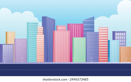 Urban landscape with clouds in the sky. Colorful city buildings with trees. Modern architectural flat style colorful vector illustration. Vector cityscape background.