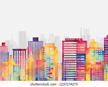 Urban landscape colorful geometric with infographic elements. Smart city. Modern city. Concept website template. Vector illustration.