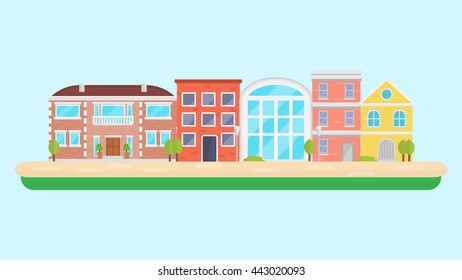 urban landscape with colorful houses and trees on a blue background, vector illustrations in a flat style