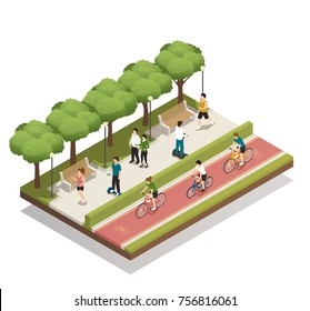 Urban Landscape Composition With People In City Park Riding Personal Eco Green Transport Isometric Vector Illustration 