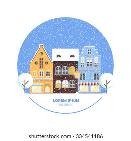 Urban landscape concept in modern flat style with place for your text. Vector illustration with cityscape elements: house, shops, trees, street lamp. Perfect template for card, web or any designs. 