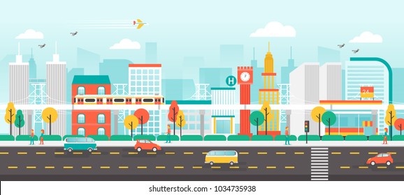 Urban landscape with contemporary buildings, people and traffic, City life Concept, Flat style vector illustration.