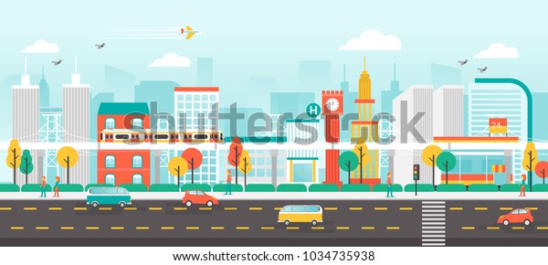 Urban\
landscape with contemporary buildings, people and traffic, City\
life Concept, Flat style vector\
illustration.