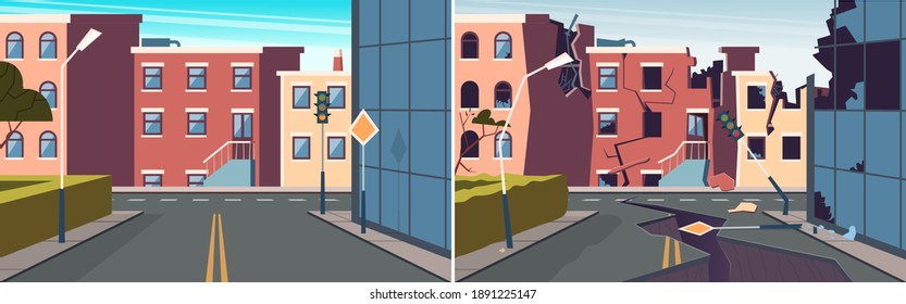 Urban landscape. Damaged city earthquake, broken road and buildings. Whole and destroyed city vector illustration