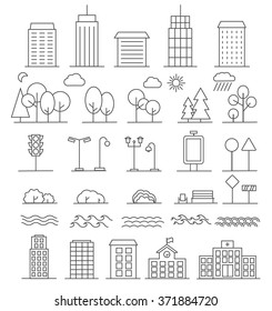 Urban landscape design elements set in linear style, include line buildings, trees, bushes, bench, tower building, water waves, sun, moon, school building,  clouds, traffic signs.  vector illustration