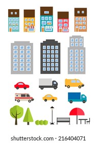 Urban landscape design elements, vector illustration. Includes houses, skyscrapers, cars, trees etc.