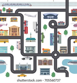 Urban landscape with different shops, buildings, offices and transport. Vector seamless city map in cartoon style
