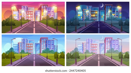 Urban landscape at different times of day, daylight and sunset, sunrise and evening or night. Vector set of roads with skyscrapers in distance. Cityscape or town district area, path to city
