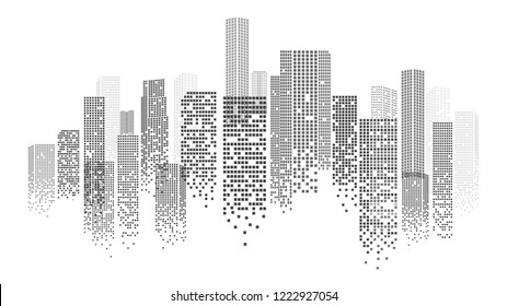 Urban Landscape with Dotted Skyscrapers Silhouette Isolated on White Background. Vector Illustration