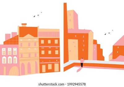 Farbgebäude und Reflexionen einzeln auf weißem Hintergrund. Vektorgrafik. europäische Architektur. Reisen Sie nach Europa Vektor. Europa Reiseplakatgrafik. Zwei Banner.