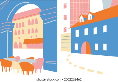 Urban landscape drawing vector.  Abstract architecture background geometric style. Cartoon vector buildings illustration.Trendy homes with windows, roof. Two banner. Colored flat vector illustration.