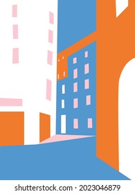 Große Stadtkarikatur, flache Illustration. Freehand zeichnet Gebäude für Plakat, Karte und Abdeckung. Landschaftliches Stadtzentrum mit vielen Gebäuden. Moderne Reisegrafik. Einfach abstrakter Stil.