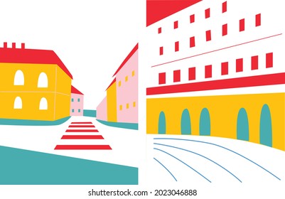 Große Stadtkarikatur, flache Illustration. Freehand zeichnet Gebäude für Plakat, Karte und Abdeckung. Landschaftliches Stadtzentrum mit vielen Gebäuden. Moderne Reisegrafik. Einfach abstrakter Stil.